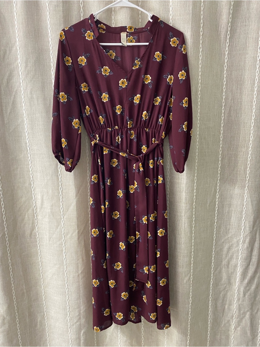 Women's Burgundy Floral Midi Dress with Waist Tie
